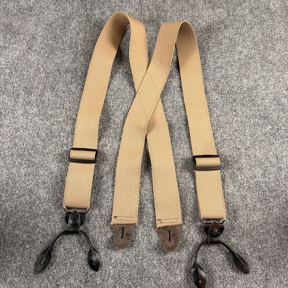 Vintage 70s 80s Suspenders Mens Tan X Back Leather Button Wide Workwear Western